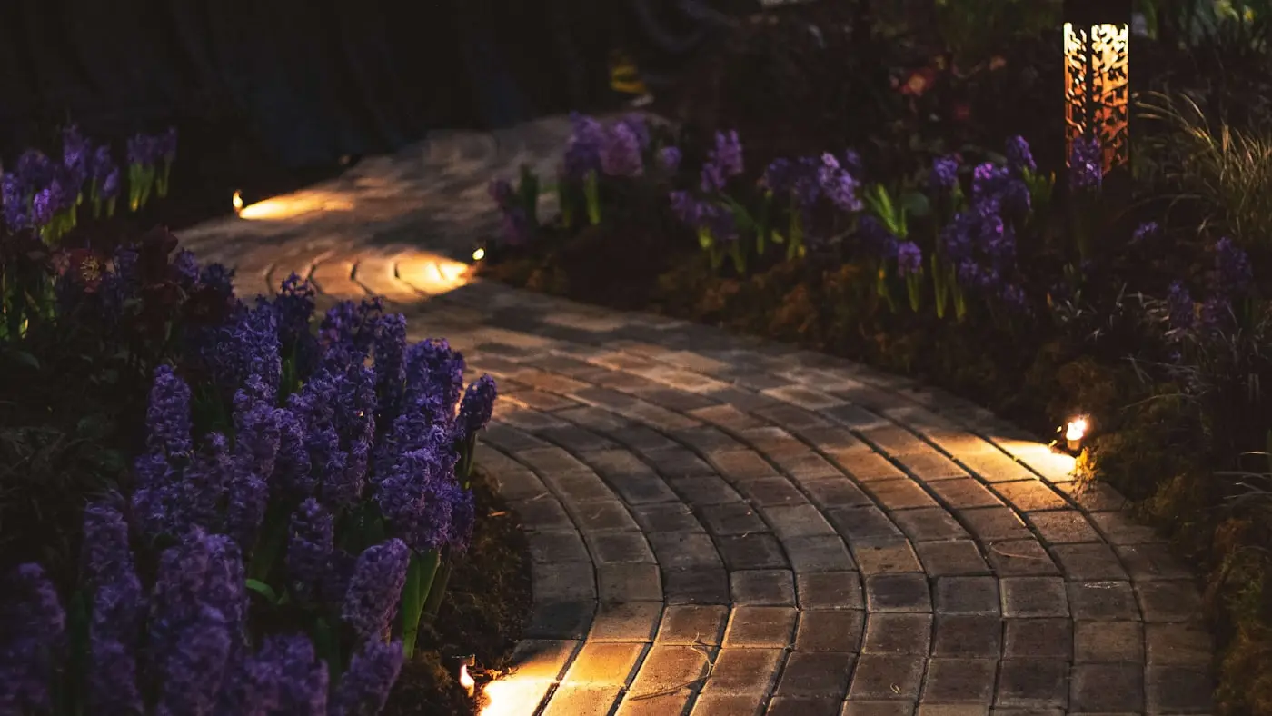 Block-paved path lit at dusk with planted borders